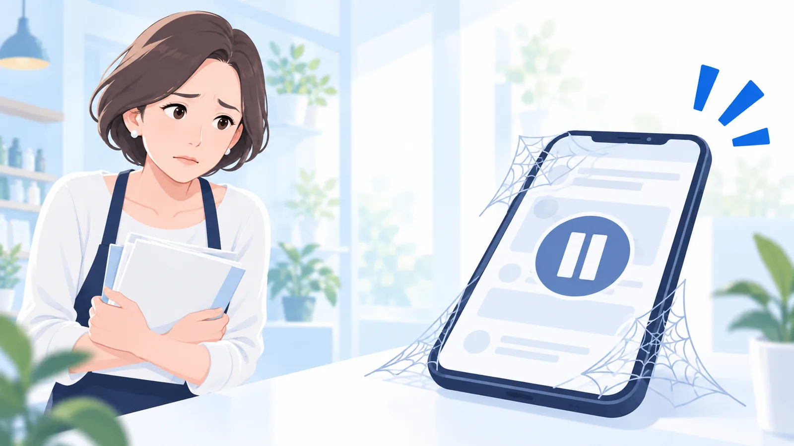 書類を抱えた店舗オーナーと、更新が止まって蜘蛛の巣が張ったSNSの画面