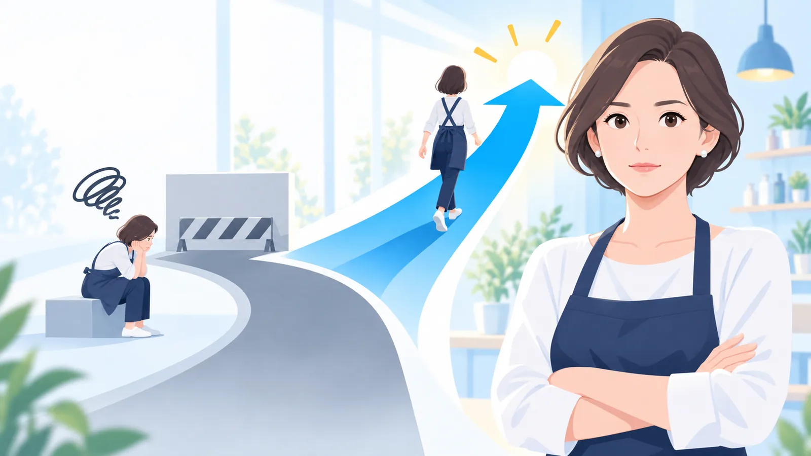 途中で止まった道と、坂を上っていく道に分かれる様子を見て、腕を組んで考える店舗オーナー