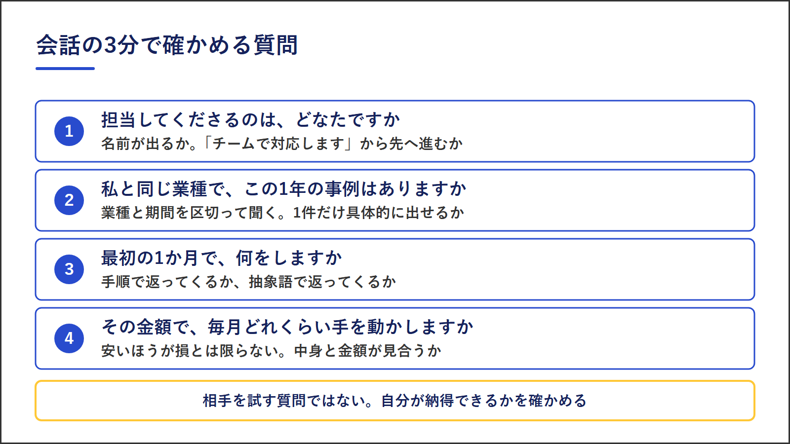 SNSコンサルを見分ける4つの質問|担当者・同業種の事例・初月の手順・作業量