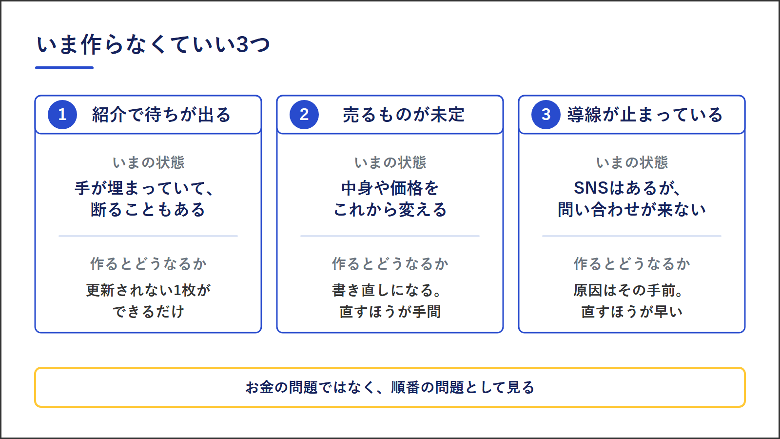ホームページをいま作らなくていい3つの場合｜紹介で待ち・売るものが未定・導線が止まっている