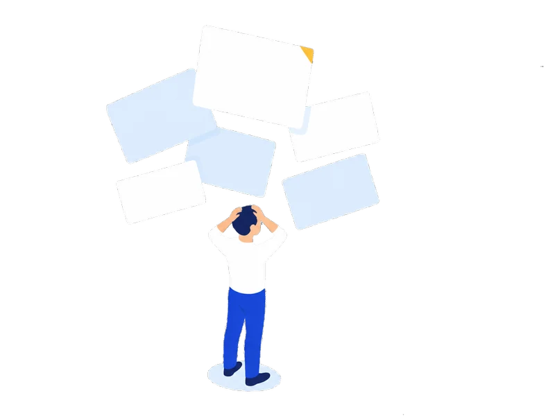 頭の上に大きさの違う課題が重なって浮き、抱え込んでいる様子のイラスト