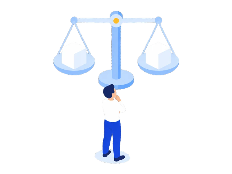 釣り合ったままの天秤の前に、相談相手がなく一人で立っている様子のイラスト