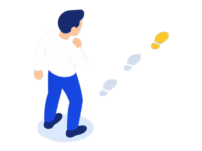 途中で途切れた足跡を振り返っている様子のイラスト