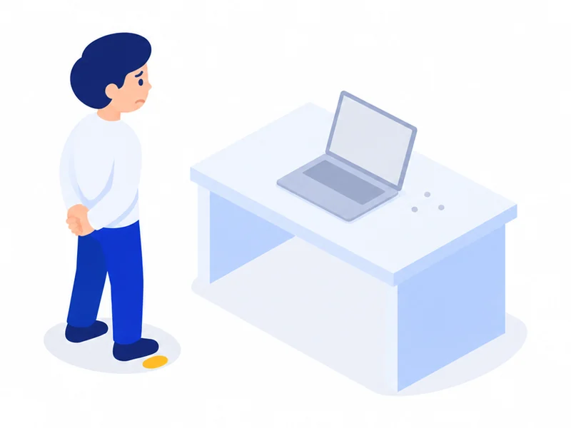 公開後のパソコンに手を出せず、一歩離れて立っている様子のイラスト