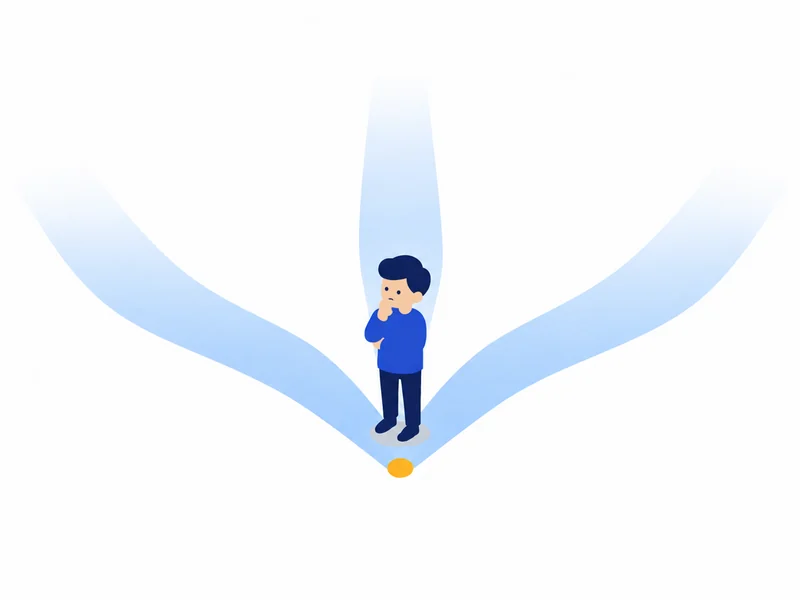 分かれ道の前で立ち止まる人。3本の道はどれも途中で薄くなって消えている様子