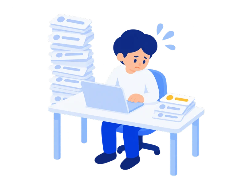 届いた連絡が積み上がり、机で1件ずつ手作業でさばいている様子のイラスト