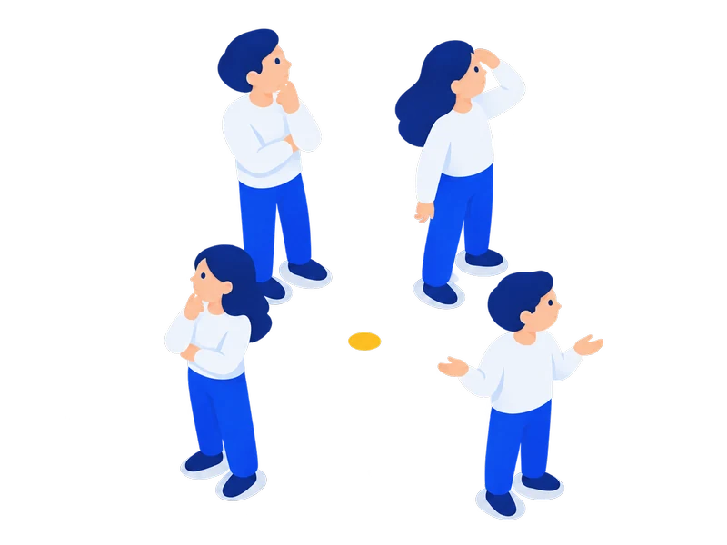 集まった人たちがばらばらの方向を向いて立ち尽くしている様子のイラスト