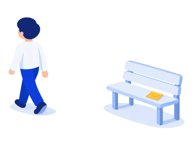 去っていく人と、忘れ物が残された空のベンチのイラスト