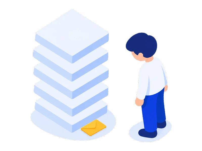 積み上がった投稿の山に対して、返ってきた封筒が1通だけという様子のイラスト