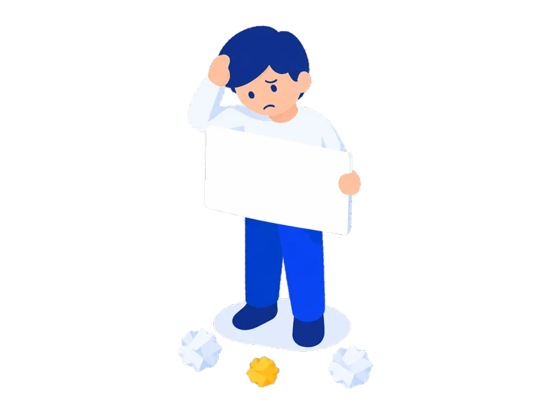 白紙を持ったまま決まらず、書いては丸めた紙が足元に転がっている様子のイラスト