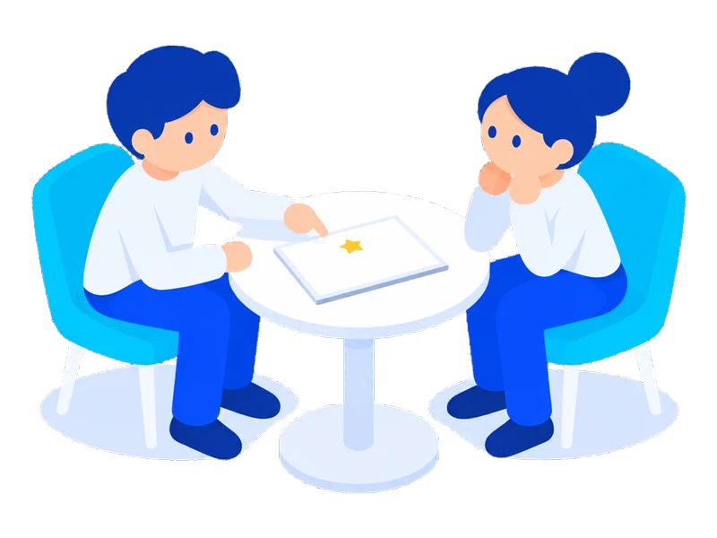 向かい合わせの席が両方埋まり、資料を指さして次の一手を決めている様子のイラスト