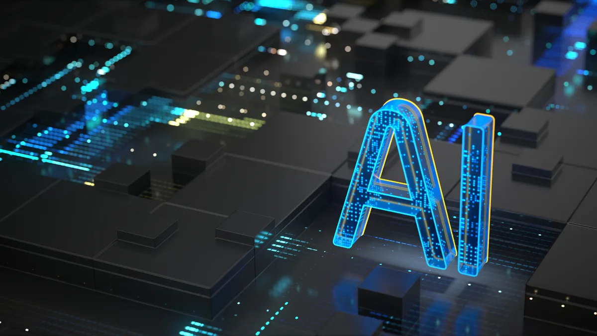 光る「AI」の文字と、回路の基板
