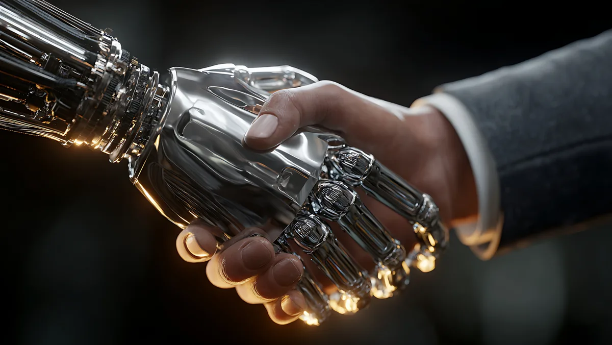 人の手とロボットの手が握手している様子