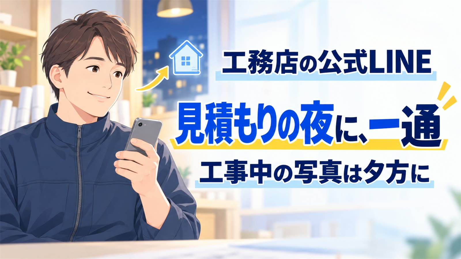 工務店の公式LINE。見積もりの夜に、一通。工事中の写真は夕方に