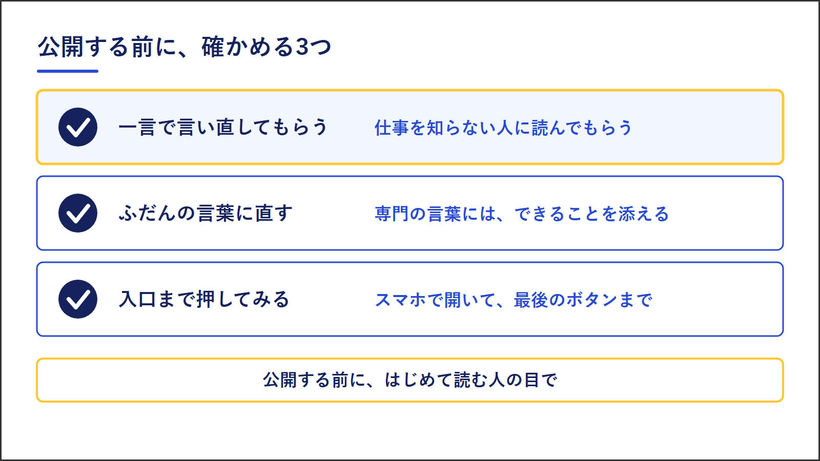 公開する前に確かめる3つ。仕事を知らない人に一言で言い直してもらう、ふだん使っている言葉に直す、スマホで入口まで押してみる