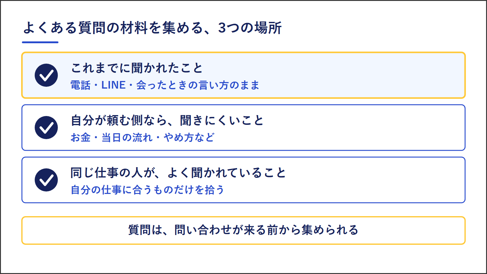 よくある質問の材料を集める3つの場所。これまでに聞かれたこと、自分が頼む側なら聞きにくいこと、同じ仕事の人がよく聞かれていること