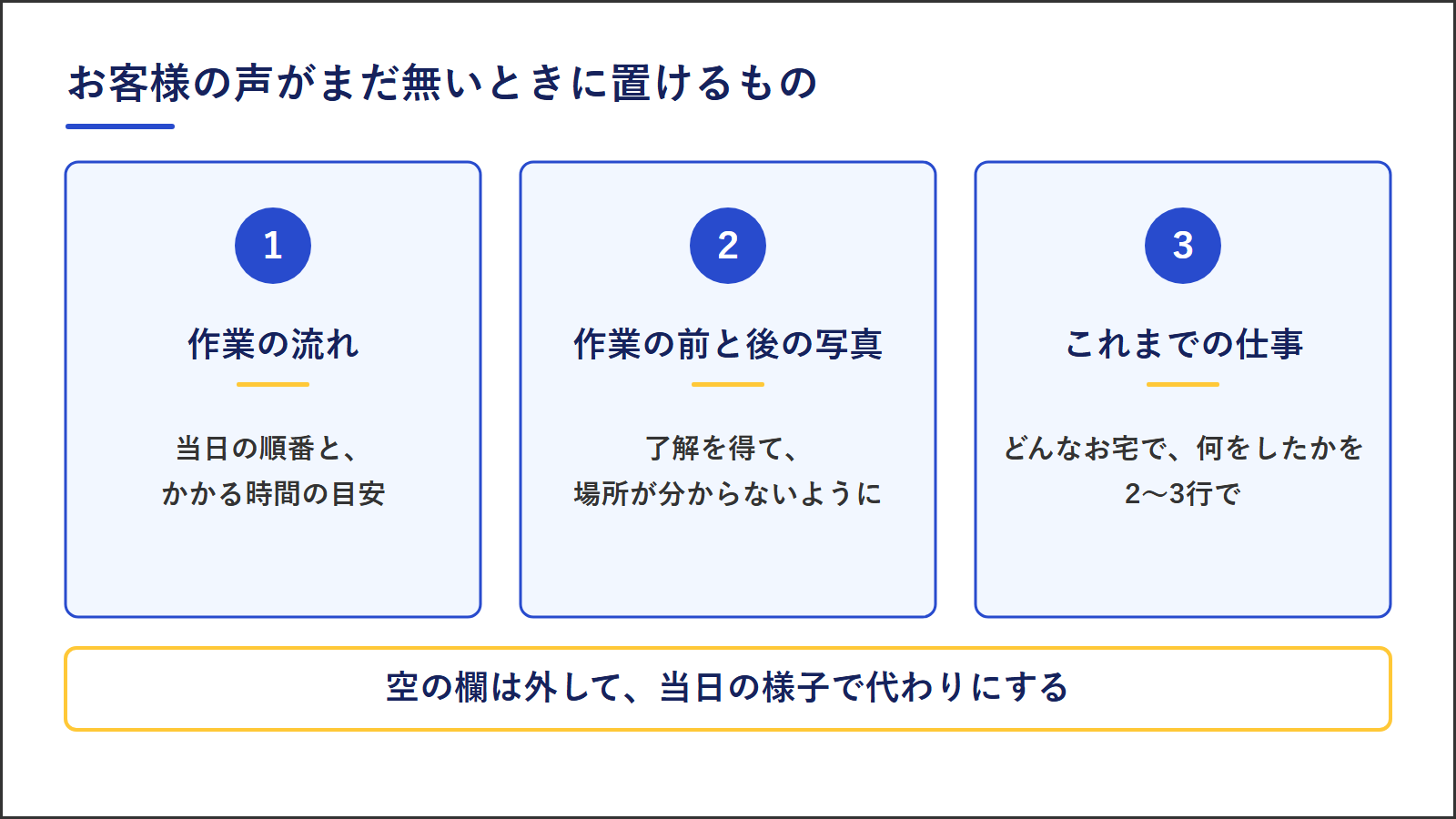 お客様の声がまだ無いときに置けるもの。作業の流れ、作業の前と後の写真、これまでの仕事