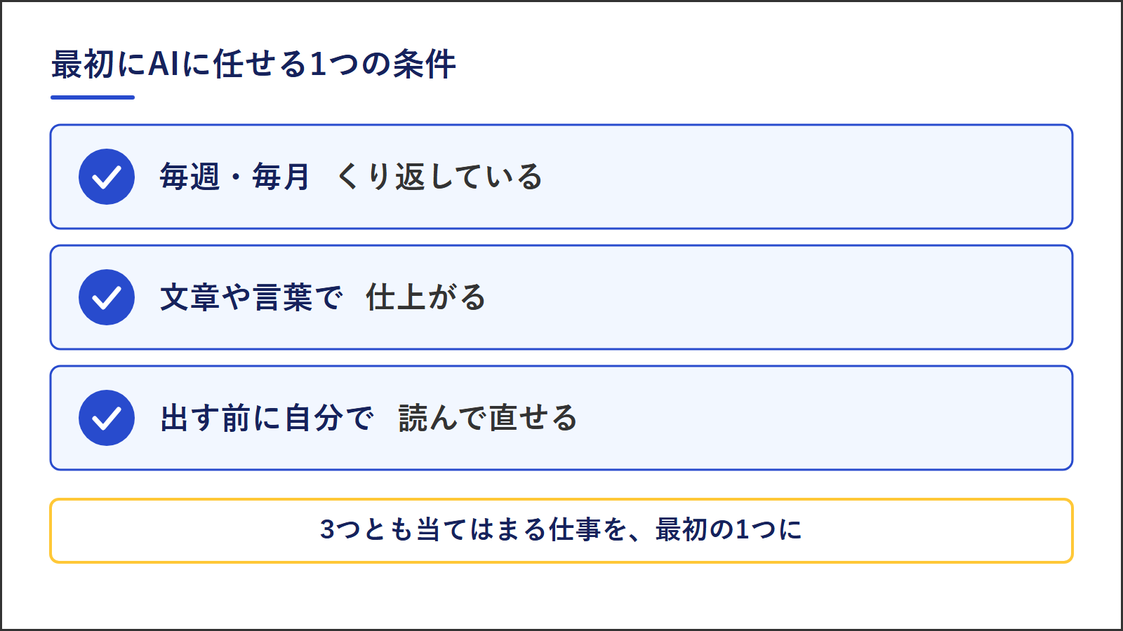 最初にAIに任せる1つの3つの条件。毎週・毎月くり返している、文章や言葉で仕上がる、出す前に自分で読んで直せる