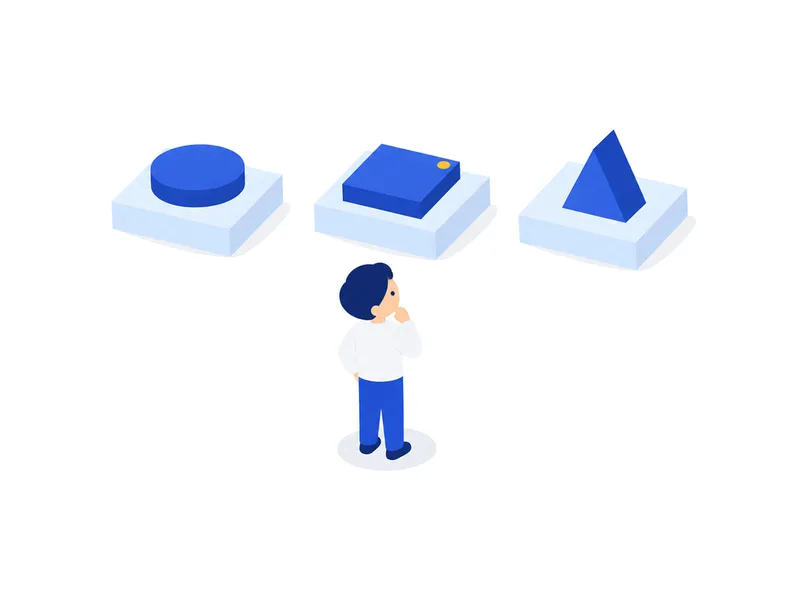 形の違う3つの道具の前で、どれを手に取るか迷っている様子のイラスト