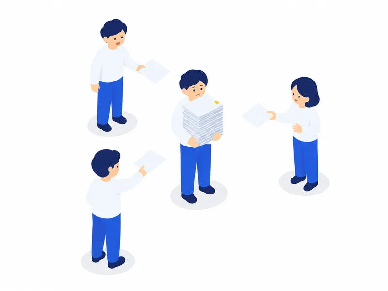紙の束を抱えた1人に、まわりの3人が1枚ずつ紙を差し出している様子のイラスト