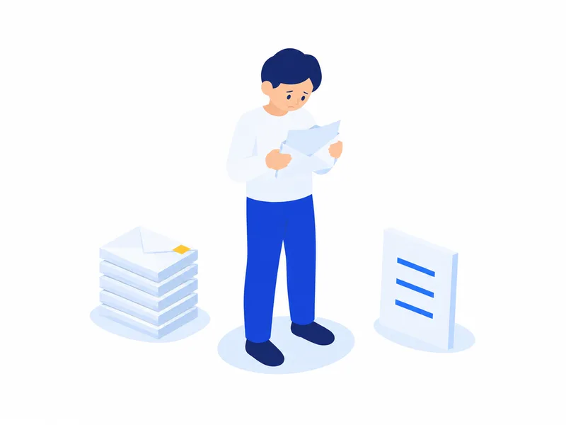 届いた封筒を1通ずつ開いて読み、横の板に要点を書き写している様子のイラスト