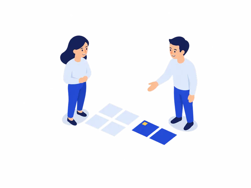 2人のあいだに並んだ作業のカードのうち、AIに任せる2枚が青く分けられているイラスト