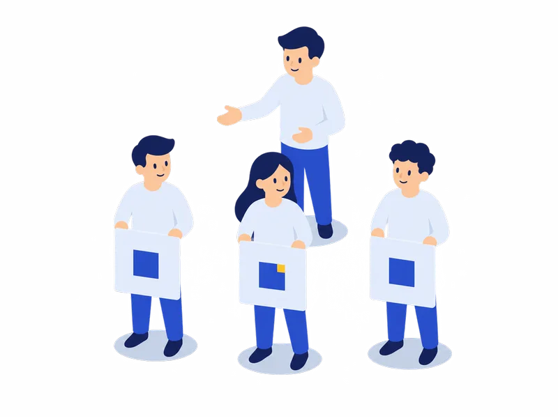 受講者3人がそれぞれ、青い四角が1つ灯った板を持ち、講師が見守っているイラスト