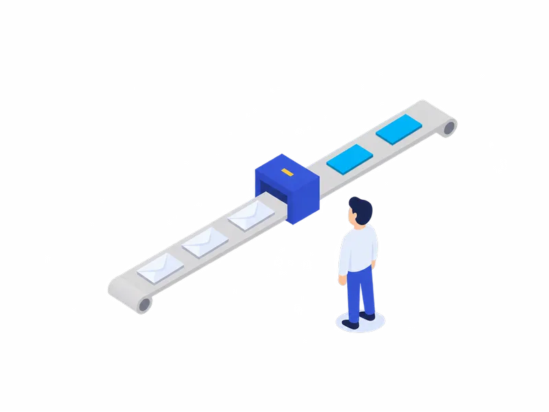 封筒が帯の上を流れ、箱を通ると要点のカードに変わって出てくる様子を、人が見守っているイラスト