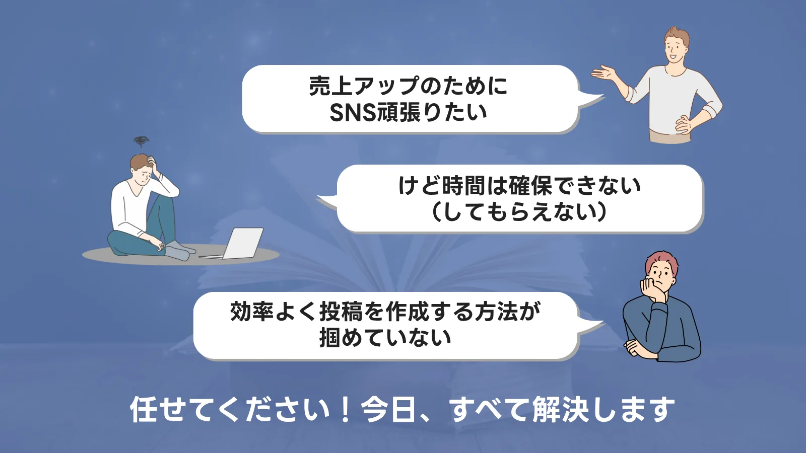 「売上アップのためにSNS頑張りたい」「けど時間は確保できない」「効率よく投稿を作成する方法が掴めていない」という3つの悩みを描いたスライド
